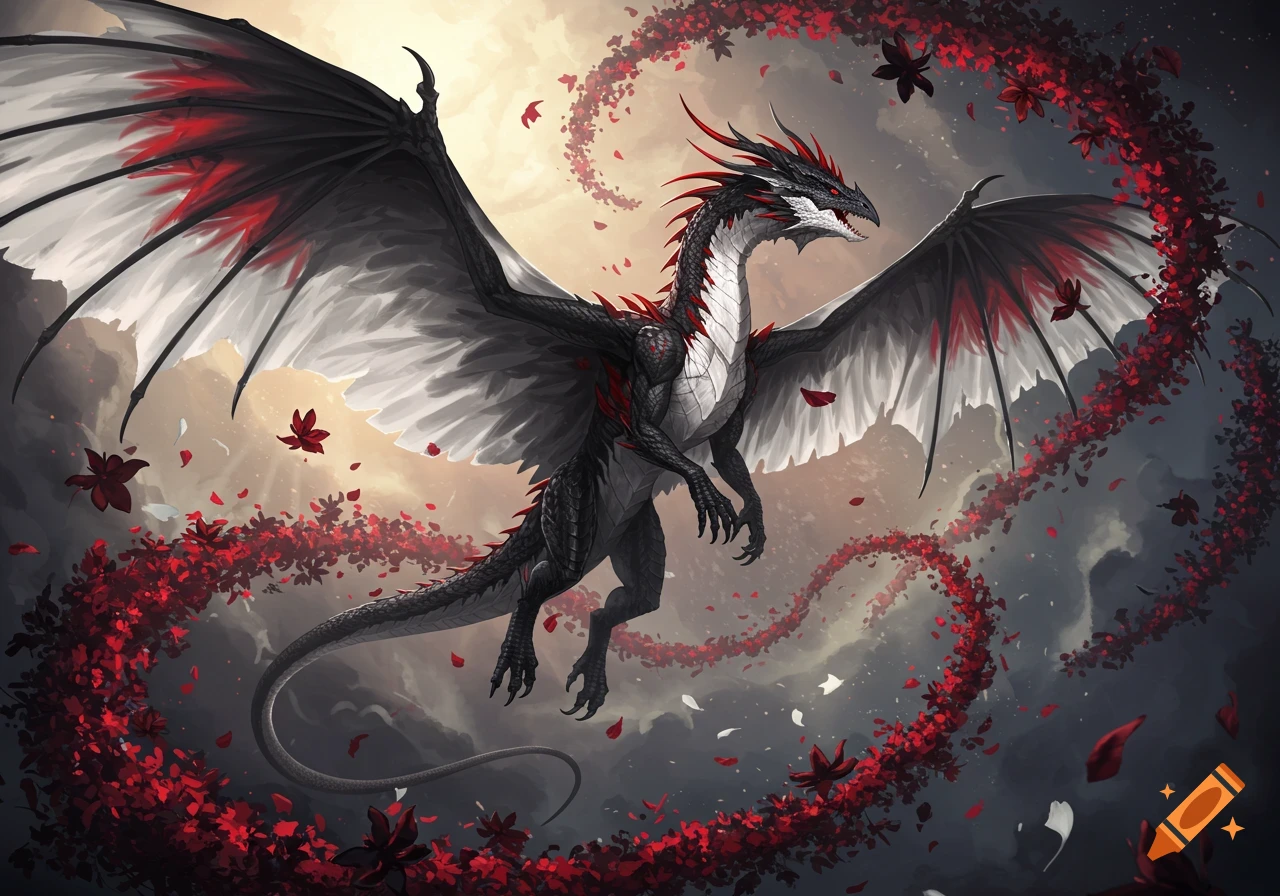 A hyper-detailed black and white dragon with red accents flies powerfully through a mystical ethereal void, surrounded by floating crimson and black magical flowers. Fantasy concept art.