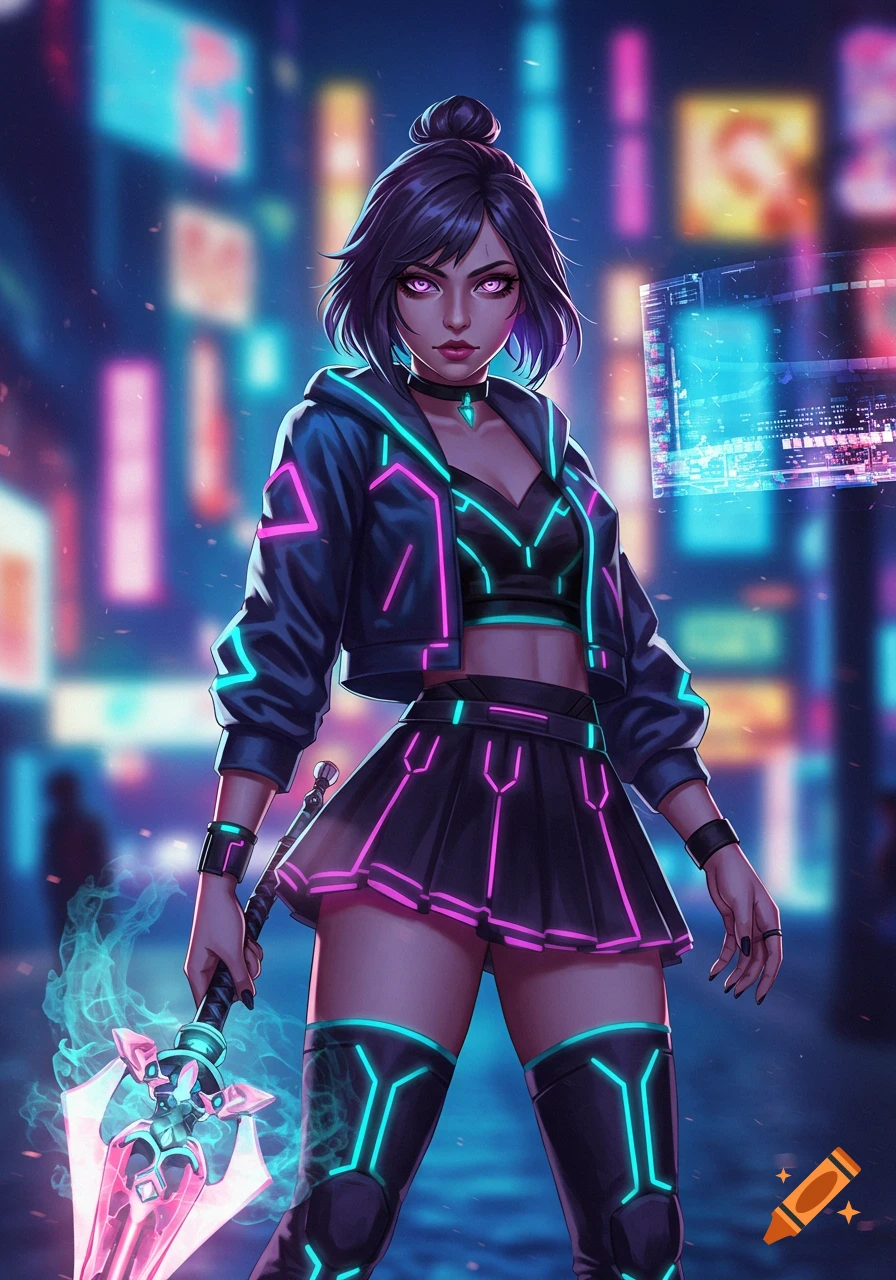 A cyberpunk woman with dark hair, glowing purple eyes, and a black and neon pink/blue outfit holds a glowing weapon in a futuristic city.