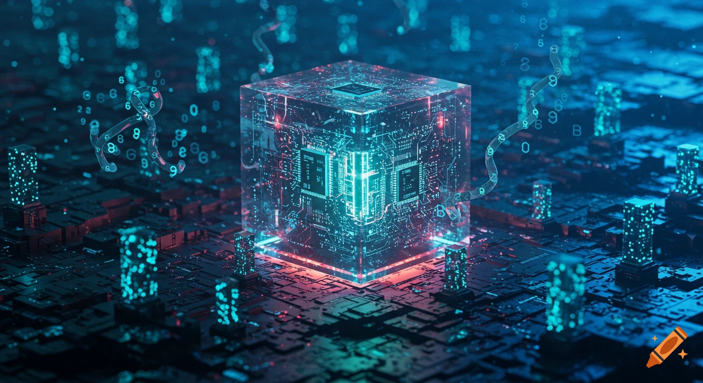 A transparent glowing cube with data circuits and microchips at its center, surrounded by glowing alphanumeric ribbons and network nodes, depicting a futuristic blockchain concept.