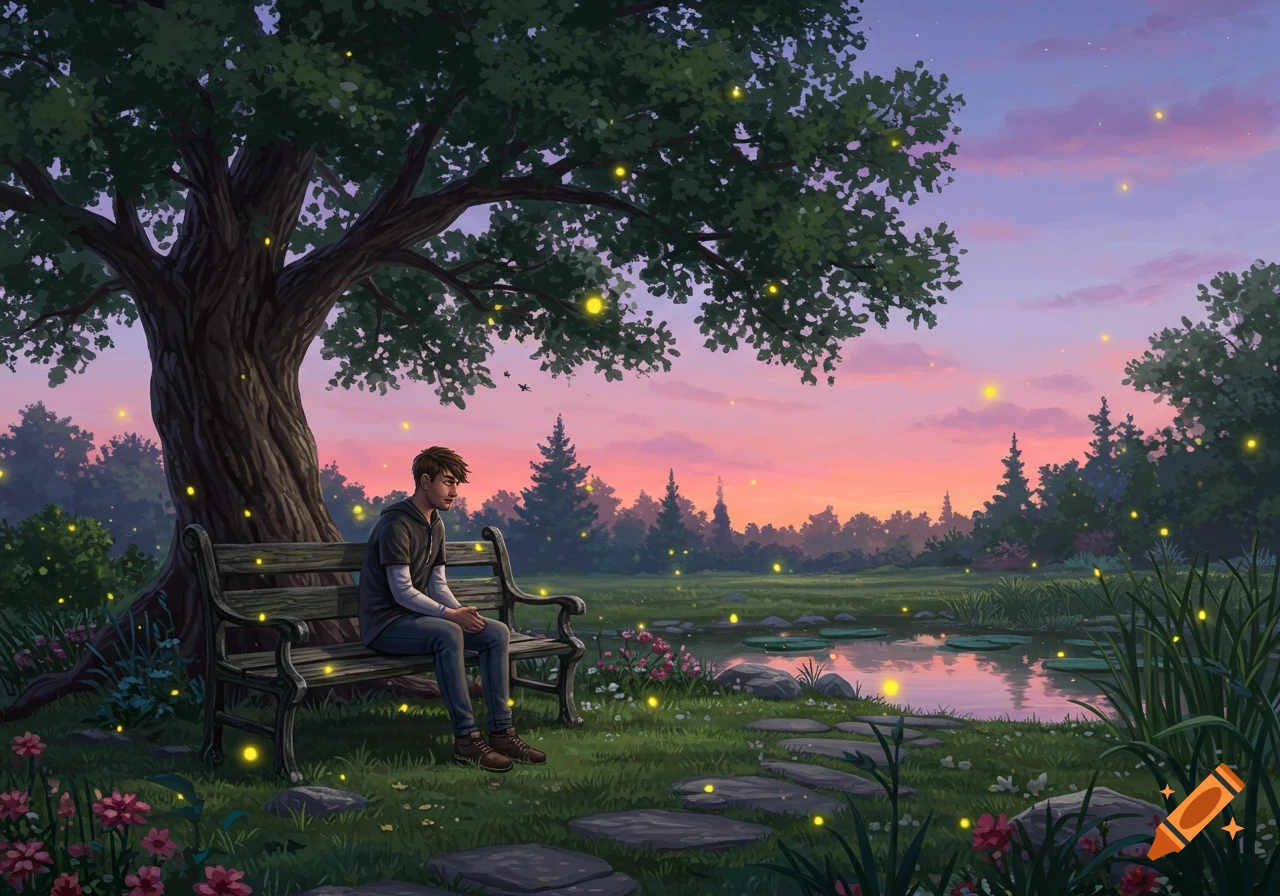 An illustration of a young man sitting on a park bench under a large tree by a pond, surrounded by fireflies at sunset.