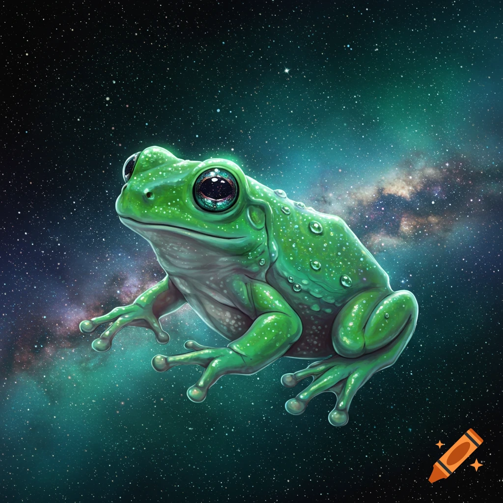 A vibrant green frog with large, reflective eyes floats in a starry, teal and purple cosmic background, cartoon style.