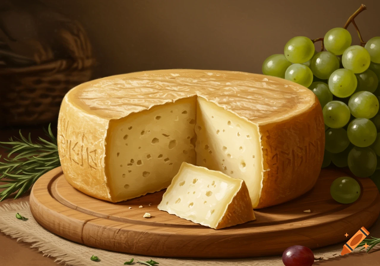 A round cheese with a wedge cut out on a wooden board with green grapes and rosemary.