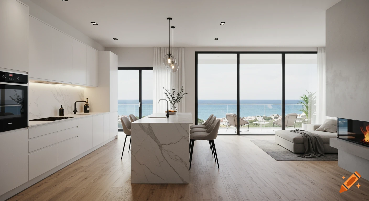 A bright, modern white kitchen and living room with a marble island, wooden floor, and a panoramic sea view through large glass doors.