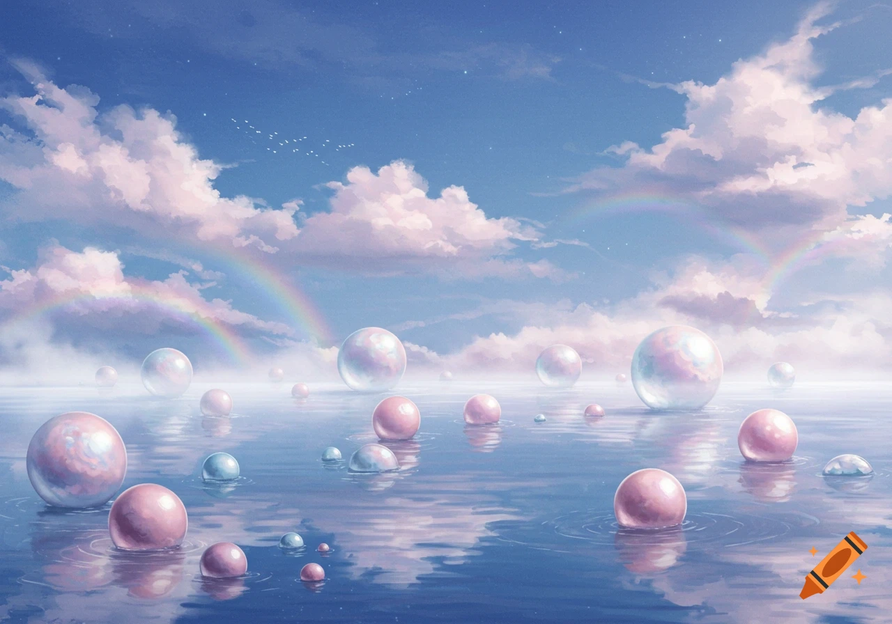 Numerous iridescent pearls float on calm water under a pastel blue sky with fluffy clouds and multiple rainbows.