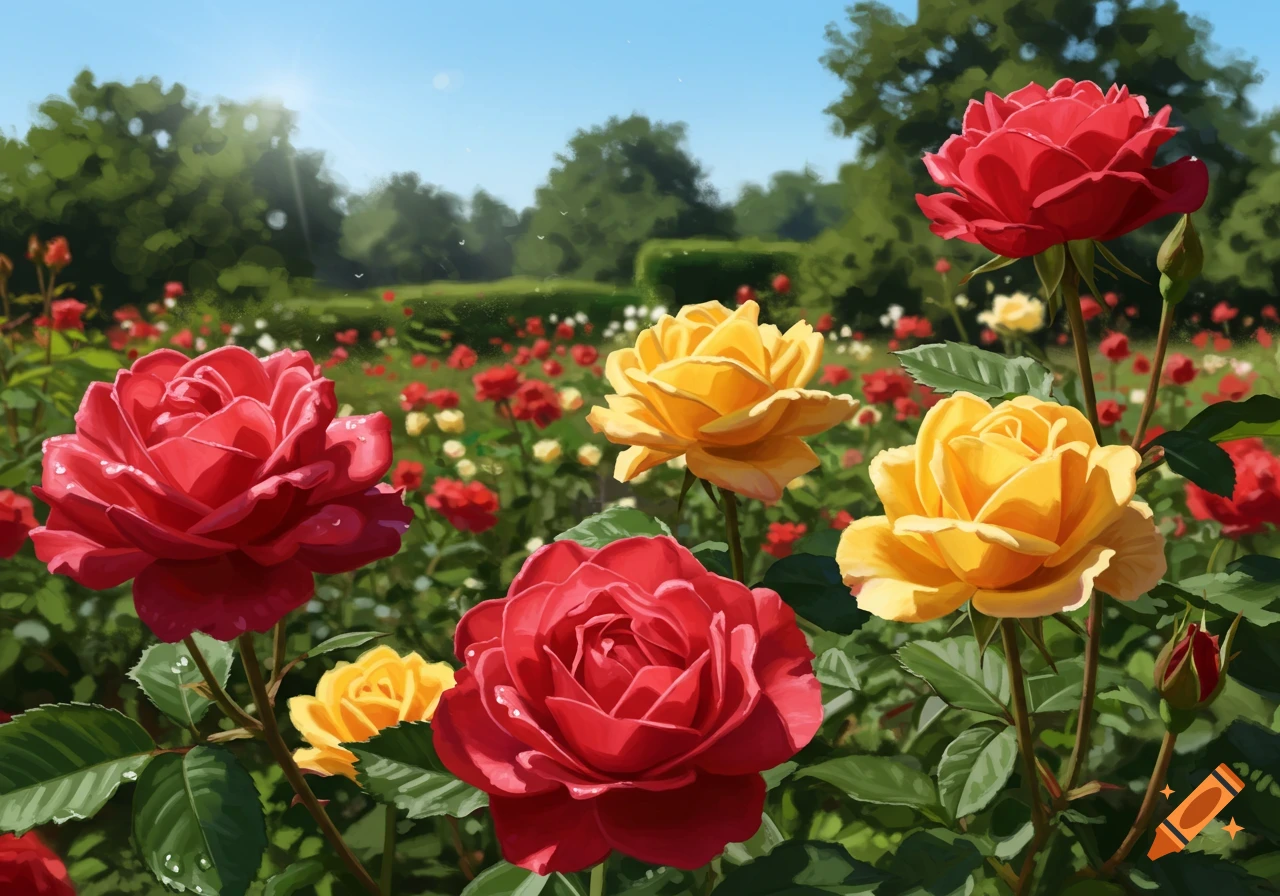 Vibrant red and yellow roses blooming in a sunny garden with lush green trees in the background.