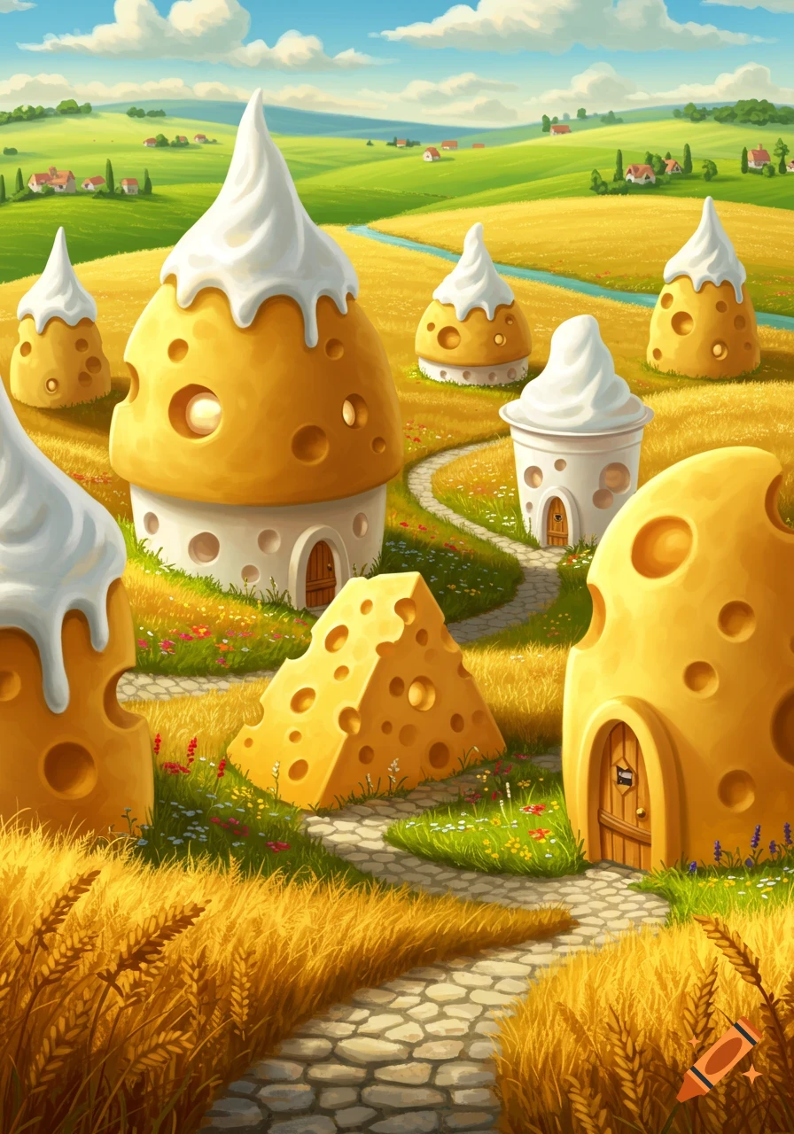 A whimsical cartoon landscape depicting a village of houses shaped like Swiss cheese and yogurt, nestled in golden fields under a blue sky.