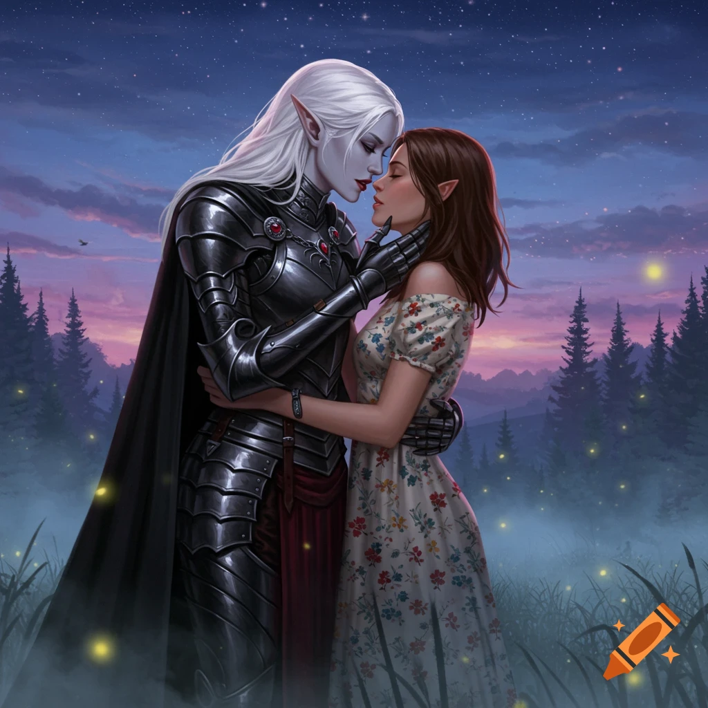 A white-haired vampire in black armor embraces a brown-haired woman in a floral sundress in a mystical forest at twilight.