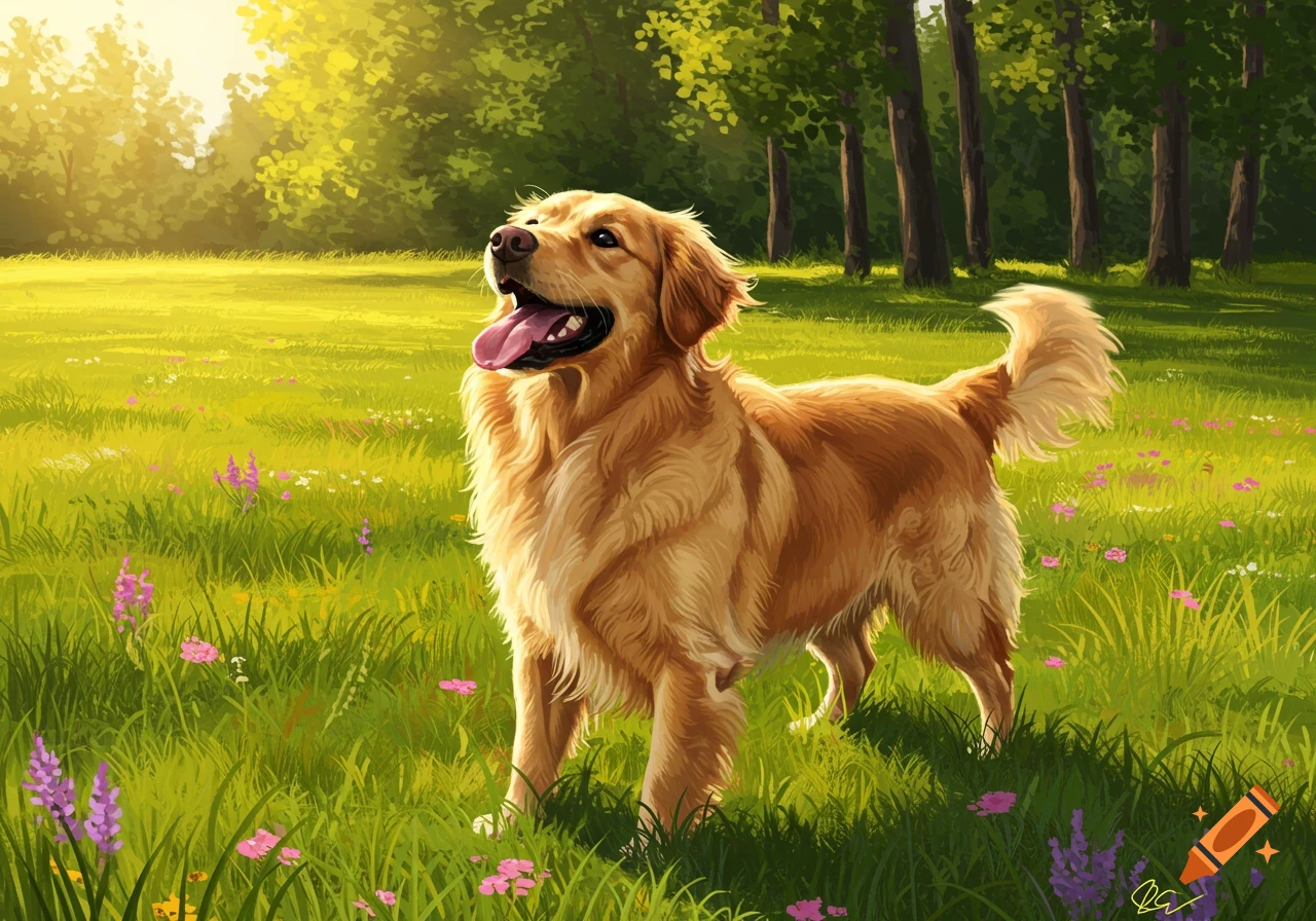 A happy golden retriever dog stands in a sunlit green field with wildflowers and trees in the background. Digital painting.