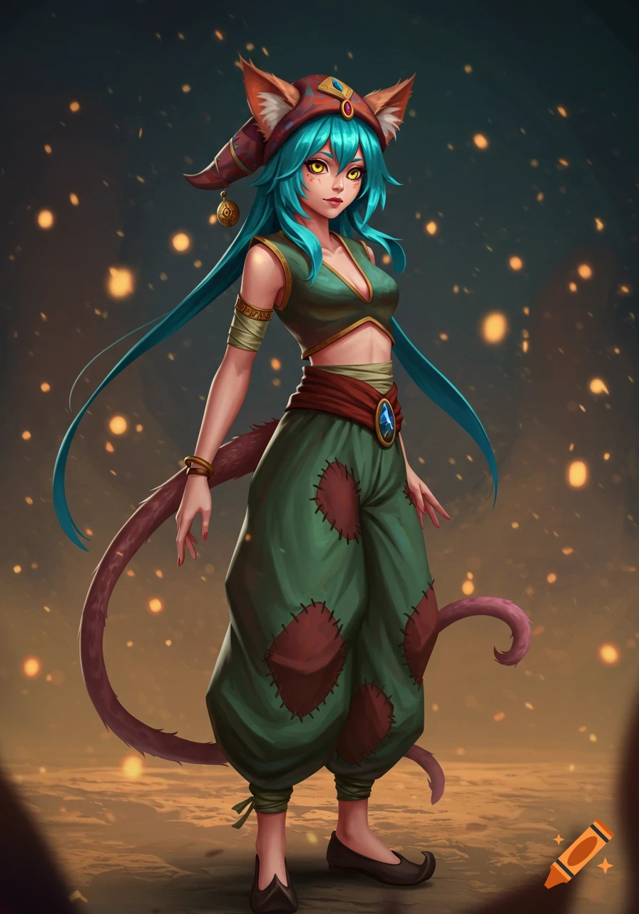 A fantasy anime character with cat ears, turquoise hair, a pointed hat, and patched genie pants, standing in a magical setting.