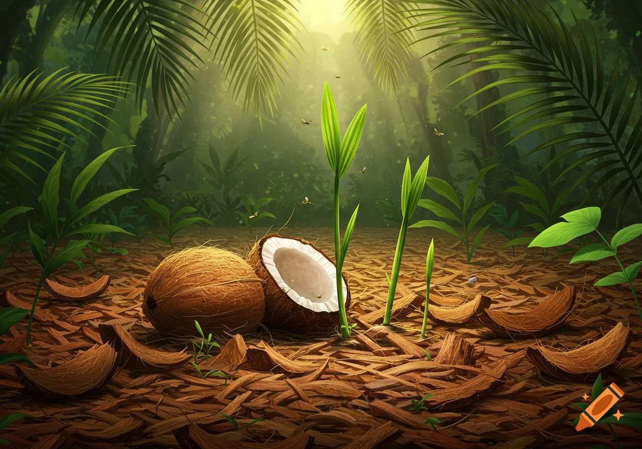 A vibrant illustration of a tropical jungle floor with whole and cracked coconuts, new sprouts, and coconut husks.