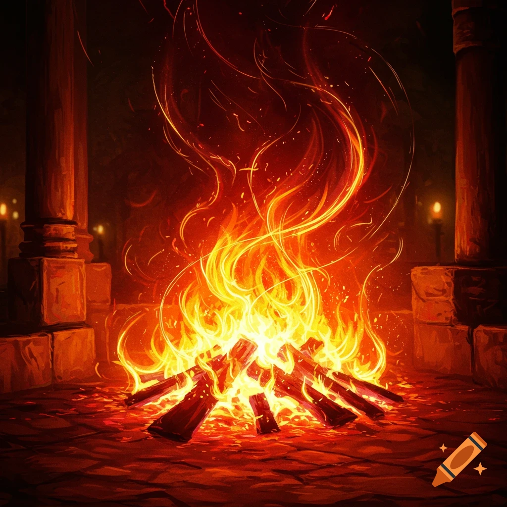A large, bright bonfire burns on a stone floor between two pillars, with embers floating upwards in a dark, atmospheric setting, digital art.