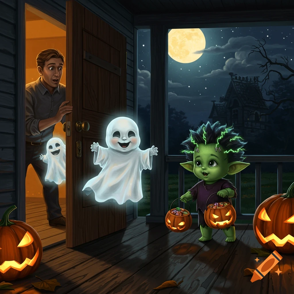 A man greets two cute ghosts and a baby Frankenstein monster trick-or-treating on a spooky Halloween night with glowing jack-o'-lanterns.