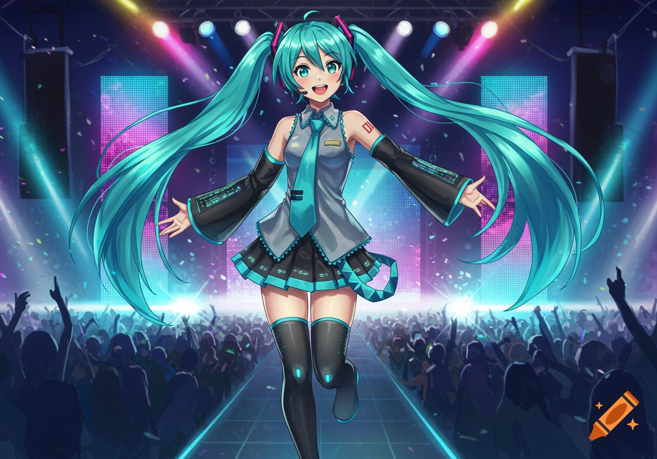 Hatsune Miku performs on a stage lit with neon lights, facing a silhouetted cheering crowd, in a vibrant anime style.