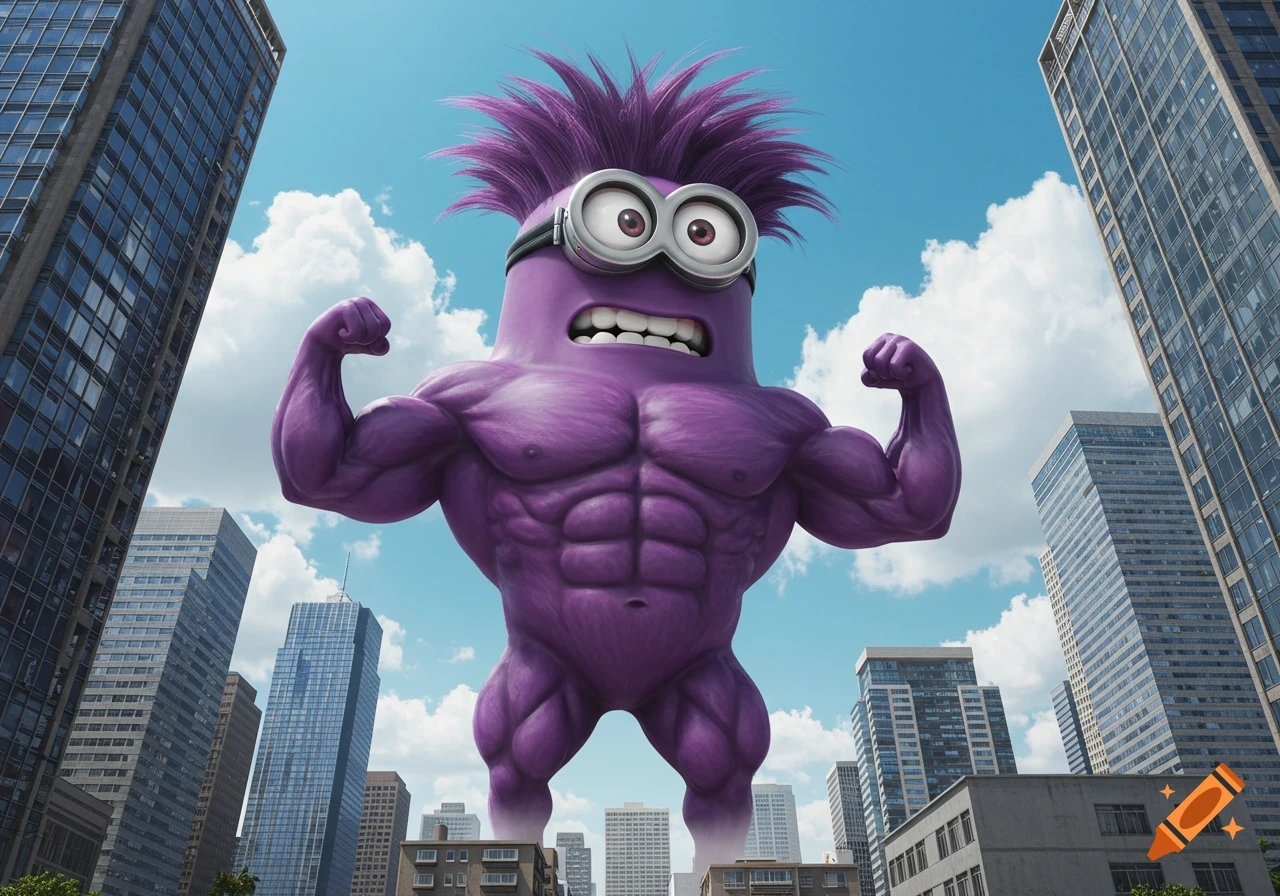 A giant, muscular purple minion with spiky hair and goggles flexes its biceps while standing among towering city skyscrapers under a blue sky.