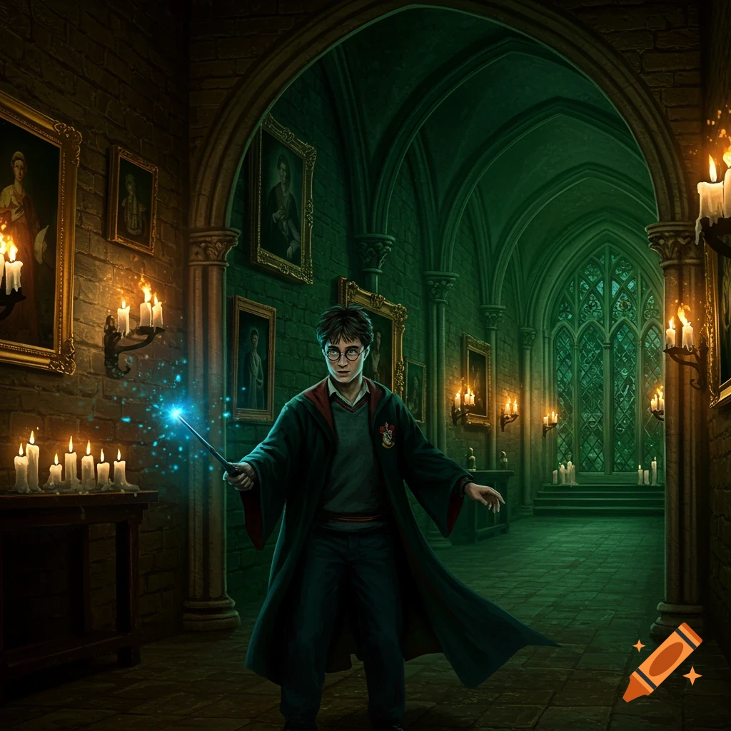 Harry Potter with a glowing wand stands in a dimly lit, arched stone hallway adorned with portraits and candles.
