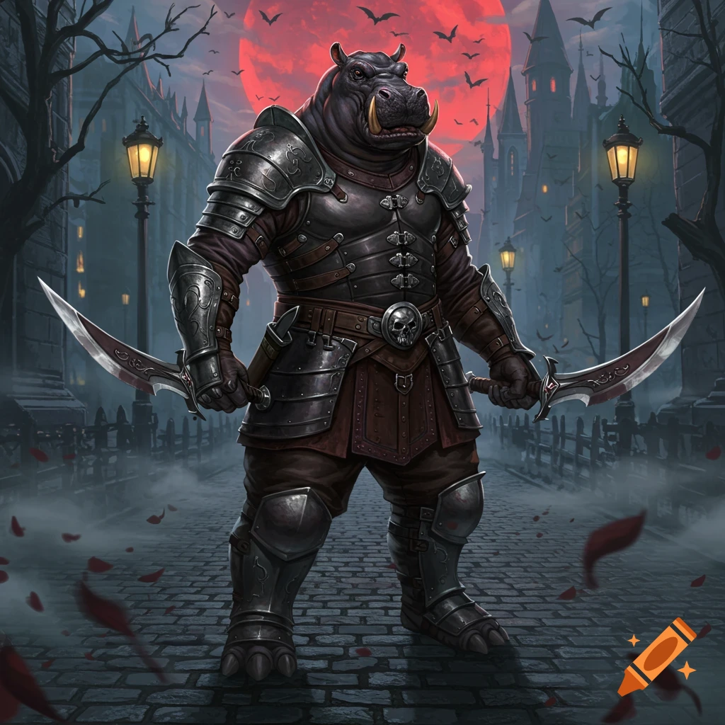 An armored Giff (hippo-human hybrid) stands on a cobblestone street, holding two scimitars, beneath a red moon and gothic buildings.