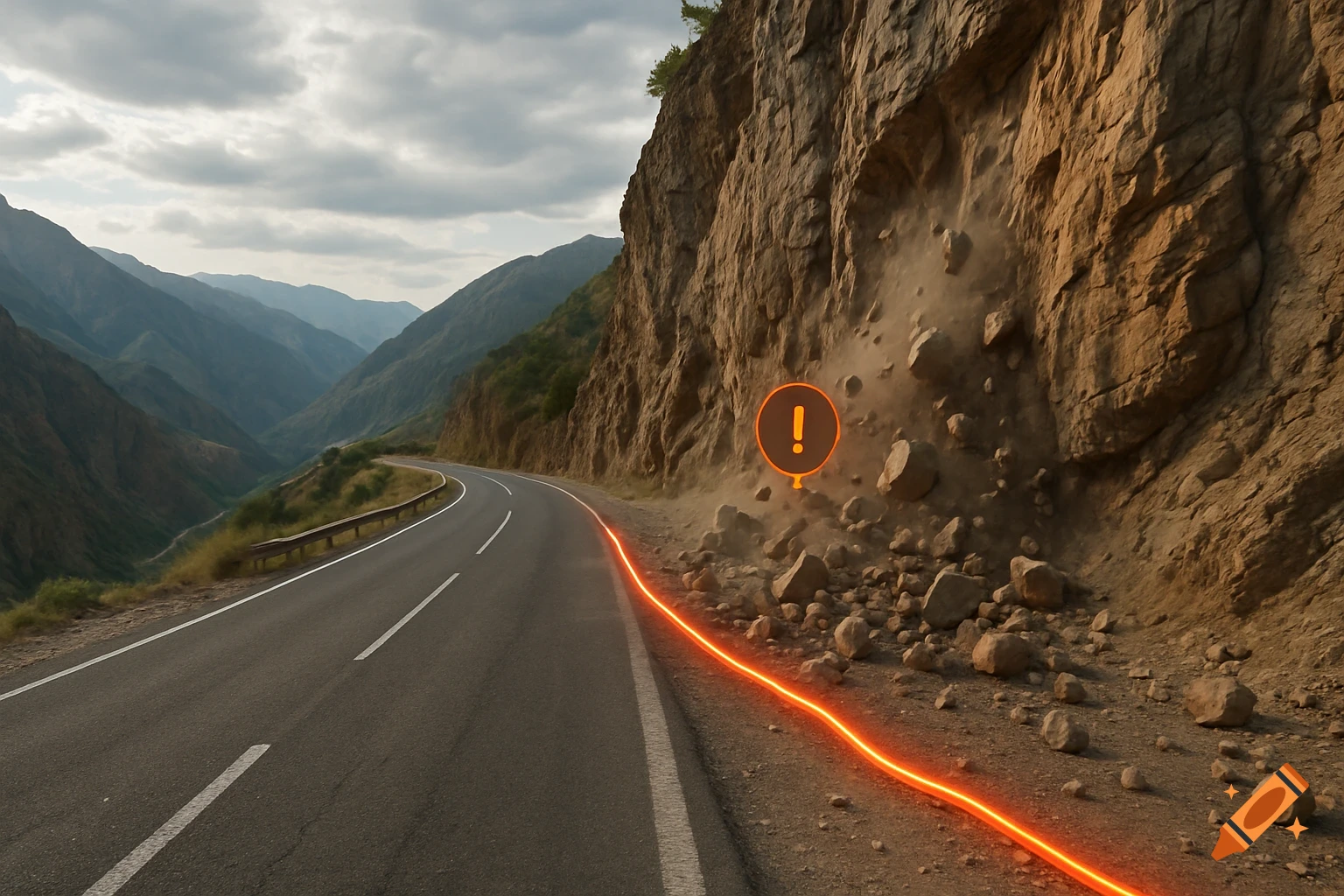 Photorealistic view of a curving mountain highway with a rockfall on the right cliff and an orange alert icon. A glowing orange fiber optic line runs along the road shoulder.