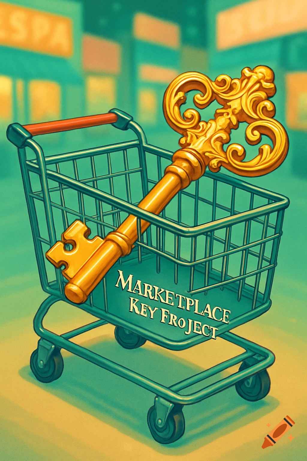 A large, ornate golden key rests inside a green shopping cart. The cart's bottom has 'MARKETPLACE KEY PROJECT' written on it, with a blurred store background.