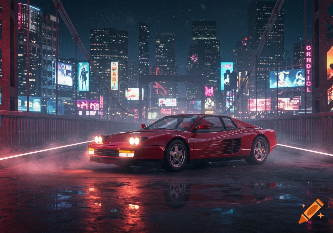 A red Ferrari Testarossa sports car drives on a bridge at night, with a neon-lit futuristic cityscape background.