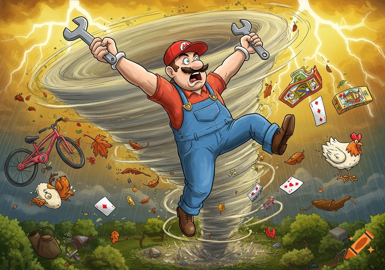 A cartoon man resembling Mario in overalls and a red cap with an "M" is caught in a powerful tornado, holding wrenches aloft under a stormy yellow sky with lightning, as a bicycle, playing cards, and a chicken are also swept up in the wind over a green landscape.