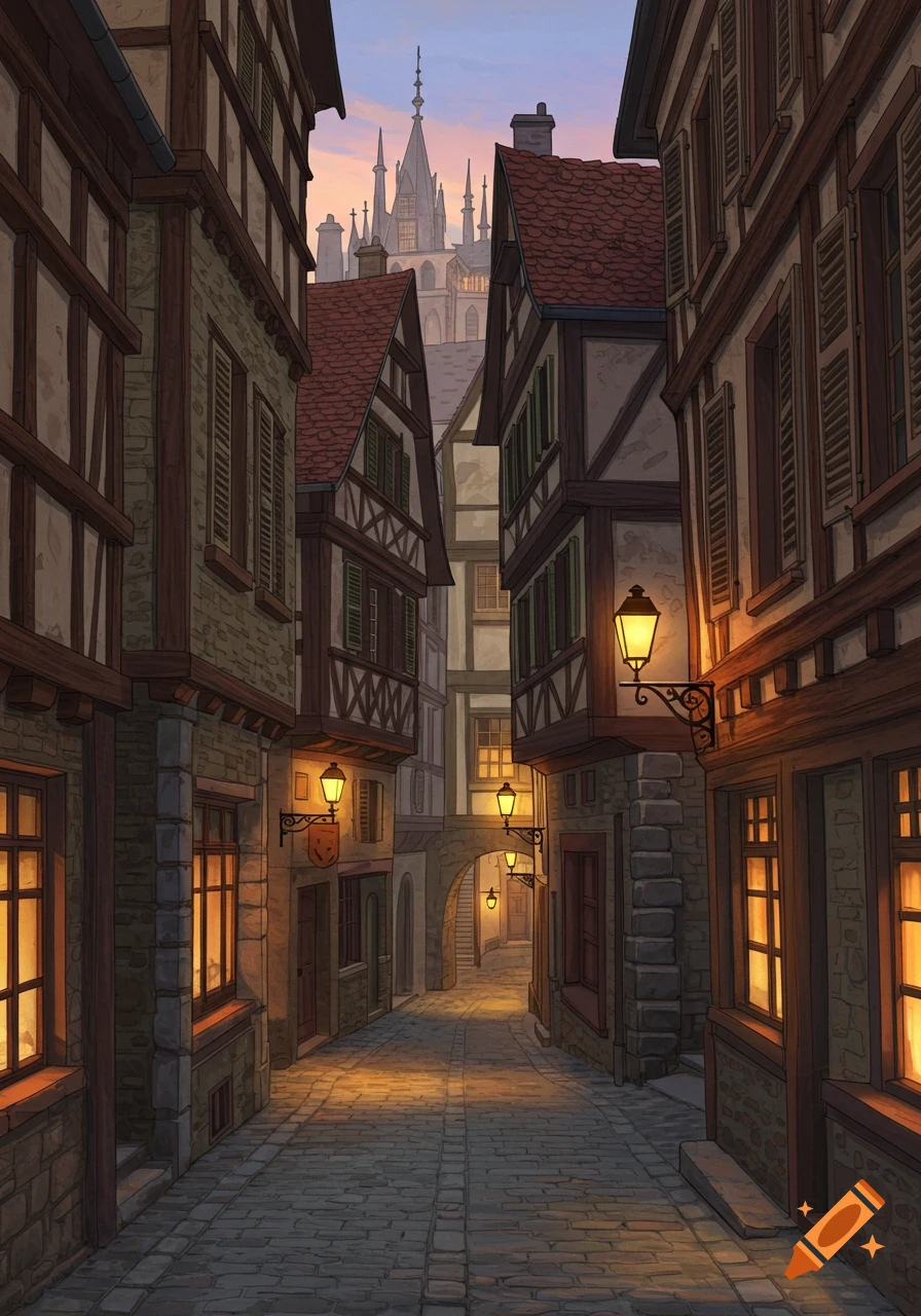 Narrow cobblestone alley in a medieval town, lined with half-timbered buildings with glowing lanterns and a distant castle spire, illustration.