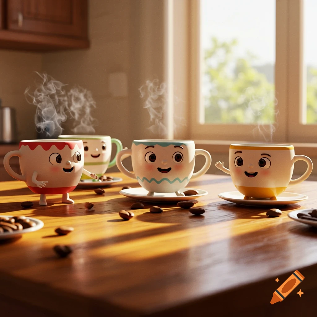 Four cheerful, anthropomorphic coffee cups with steam rising, sitting on a wooden kitchen counter with scattered coffee beans. Sunlight streams from a window.