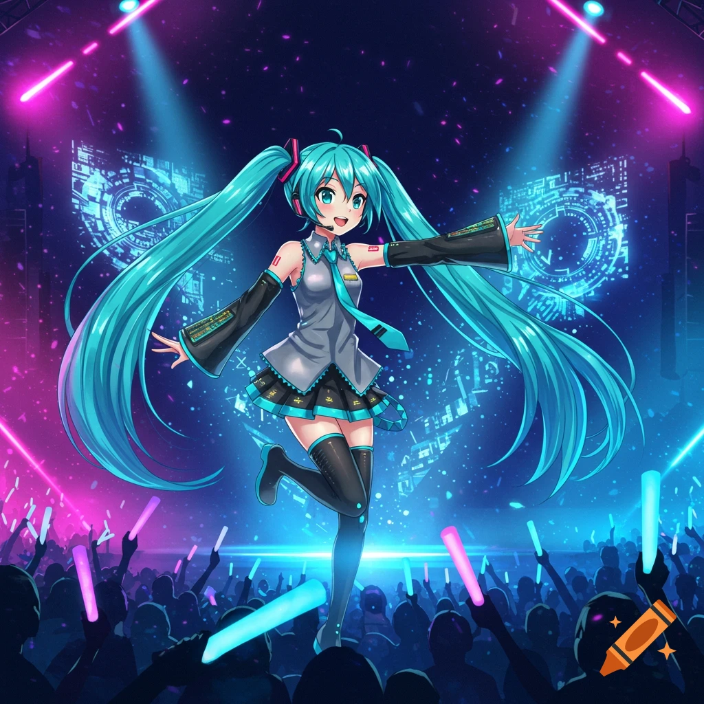 Hatsune Miku, a turquoise-haired anime girl, sings on a neon-lit stage to a crowd waving glow sticks.