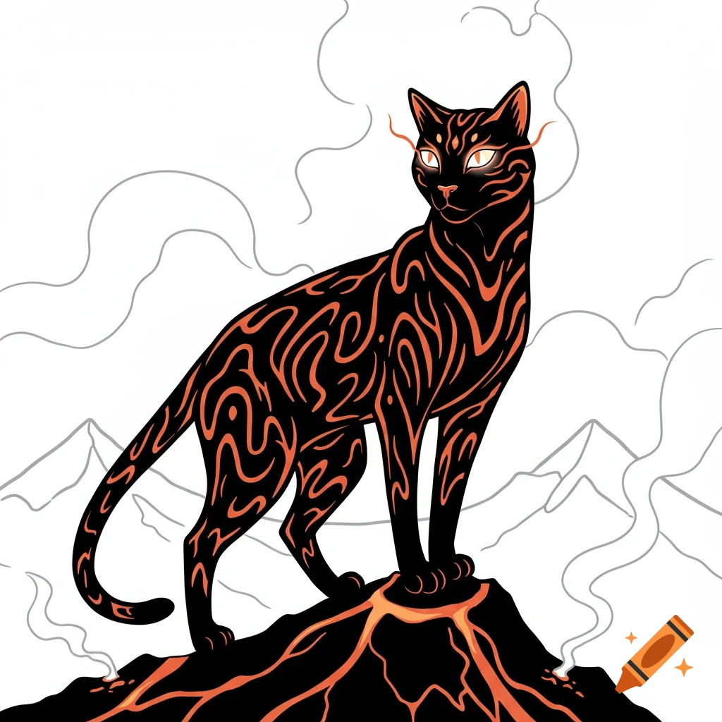Black cat with glowing orange patterns stands on a lava volcano, stylized line art illustration.