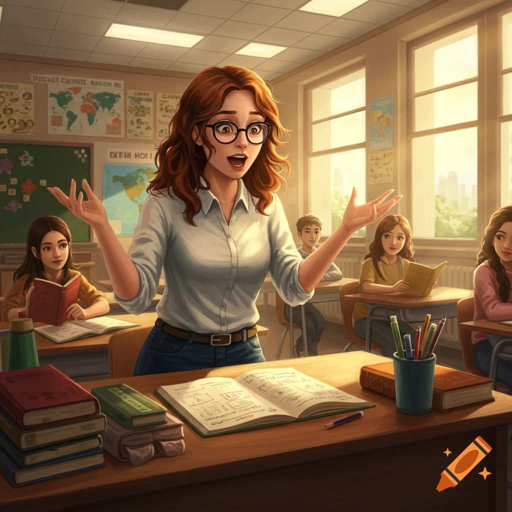 Young female teacher with glasses teaches a class in an illustrative style. Students read at their desks.