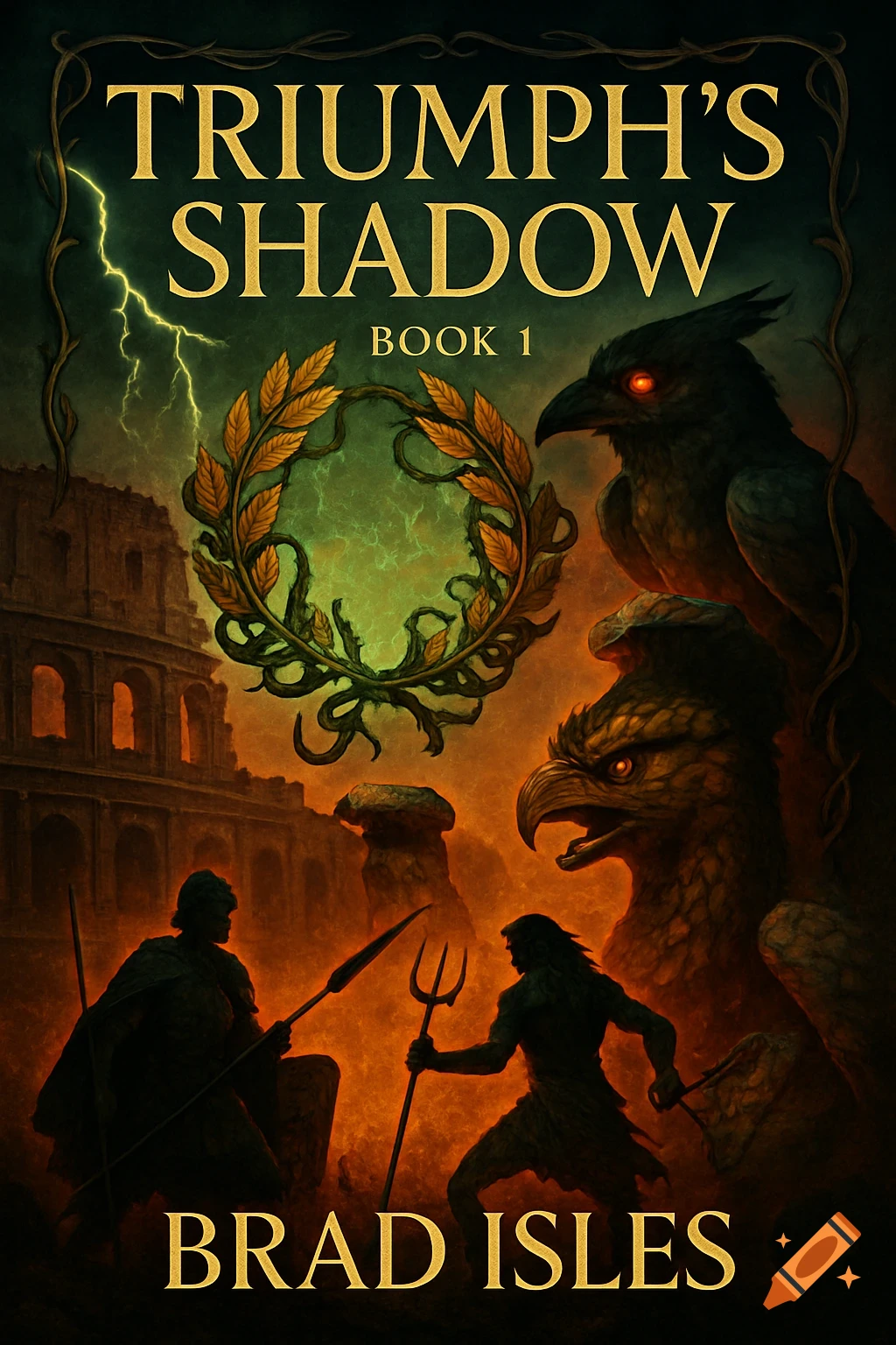 A dramatic book cover with the title "Triumph's Shadow: Book 1" featuring a stormy sky, crumbling Colosseum, golden laurel wreath, shadowy warriors, and mythical birds, signed "Brad Isles".