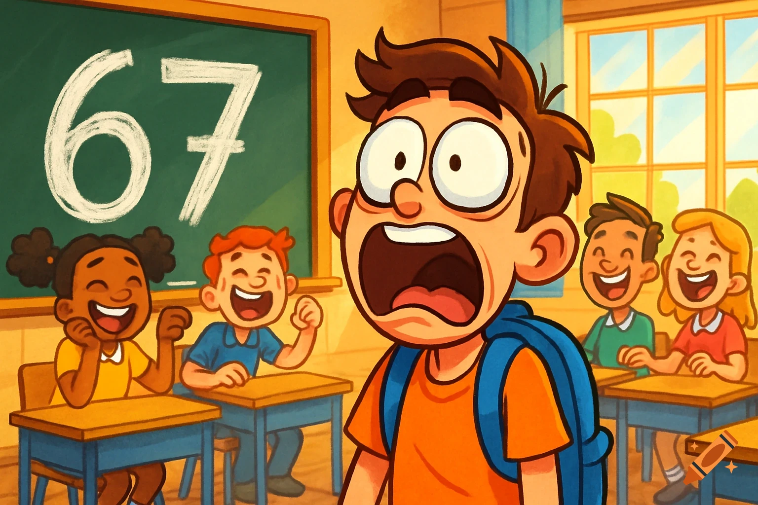 A cartoon student with a shocked face looks at '67' on a blackboard while other students laugh in a bright classroom, cartoon style.