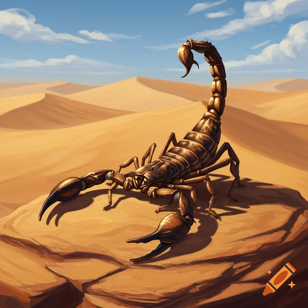 A brown scorpion with its tail raised stands prominently on a rock in a sunny desert landscape with sand dunes.