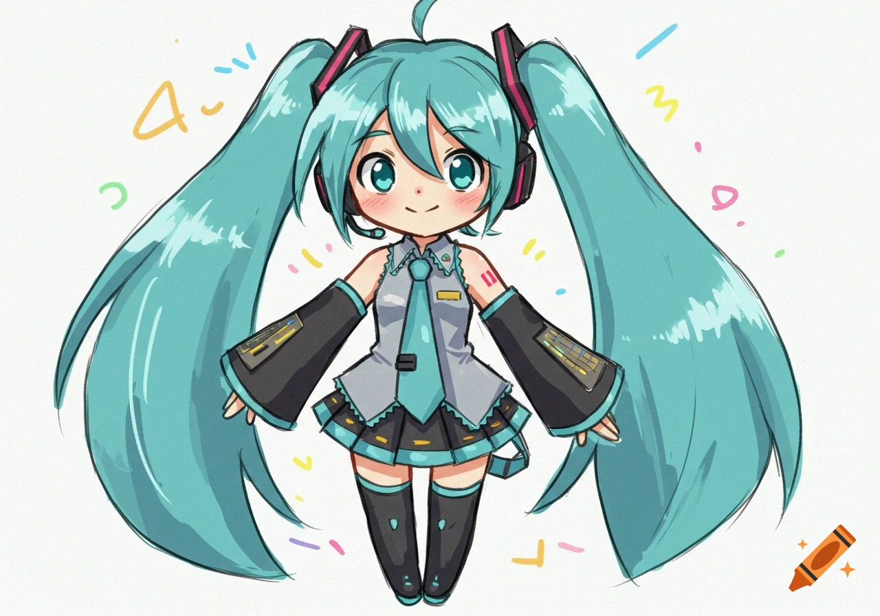 A chibi-style, poorly drawn illustration of Hatsune Miku with large turquoise pigtails, wearing her signature outfit, smiling brightly.