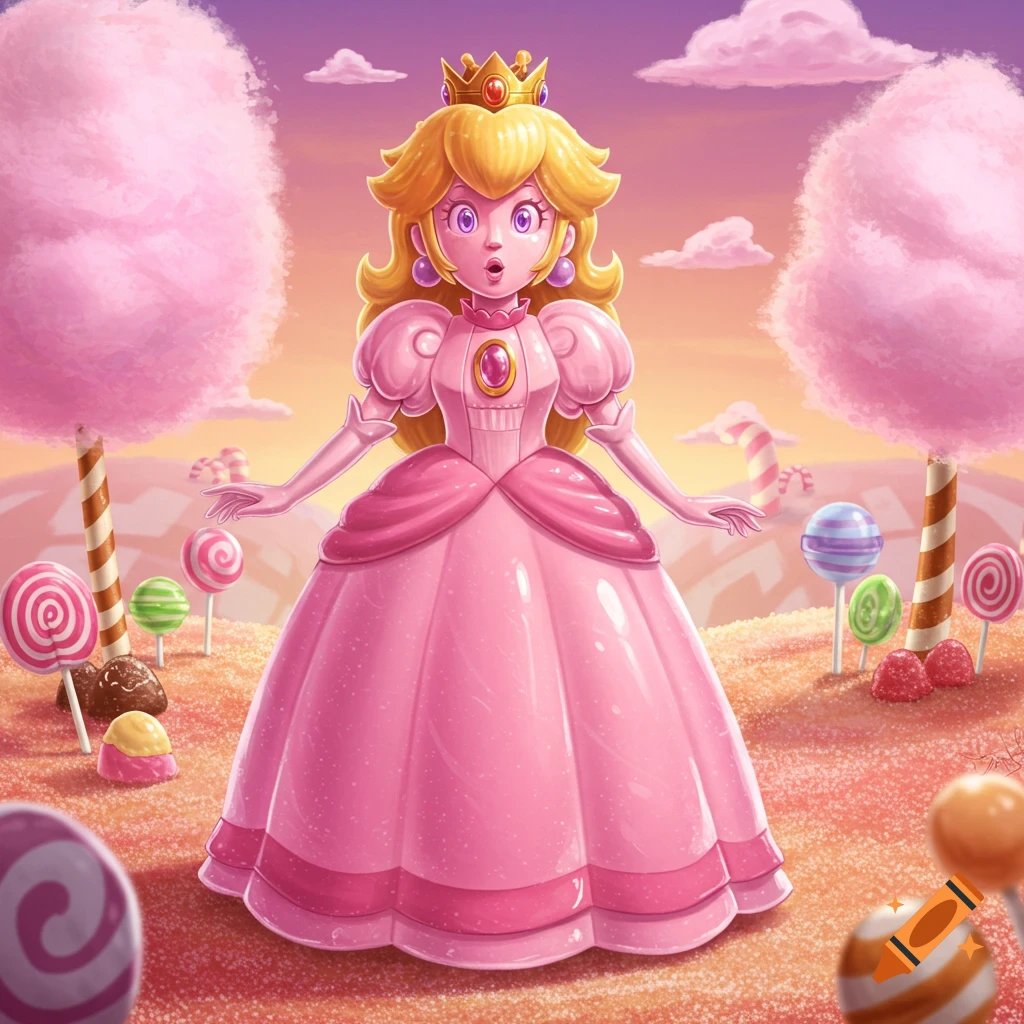 Princess Peach looks surprised in a vibrant candy land with giant lollipops, candy cane pillars, and cotton candy trees.