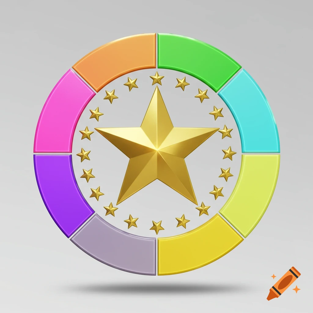 A 3D emblem featuring a large golden star centered, encircled by smaller golden stars, and an outer ring of colorful segments.