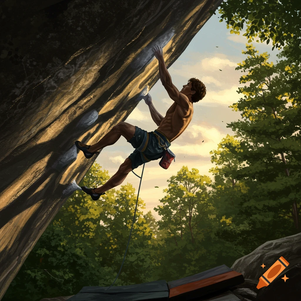 Illustrated digital art depicts a shirtless man rock climbing a steep boulder with crash pads and trees under a colorful sky.