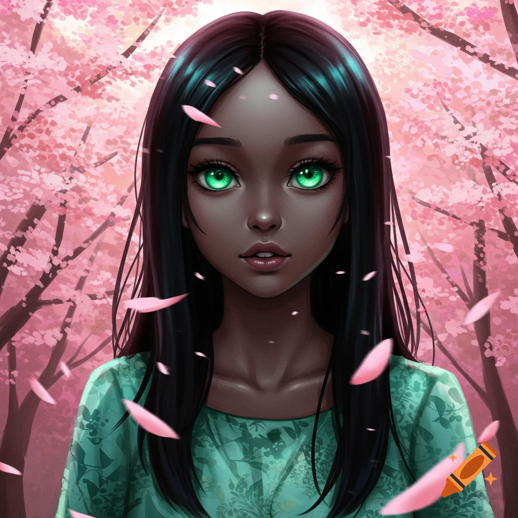 A dark-skinned anime girl with long black hair and bright green eyes, surrounded by pink cherry blossoms.