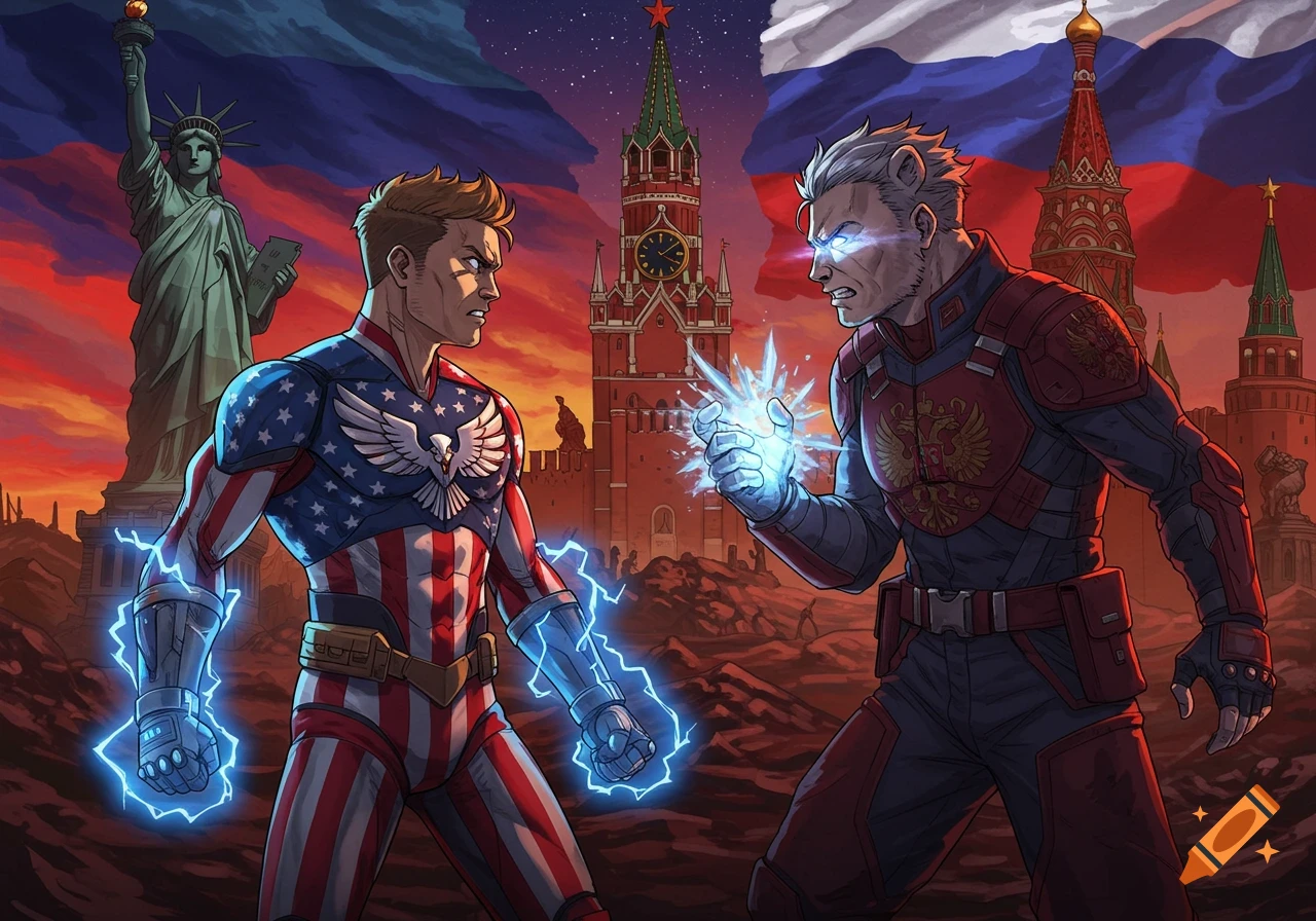 Anime art of two muscular superheroes, one in US flag colors and one in Russian colors, facing each other with energy powers. The Statue of Liberty and Kremlin are in the background.