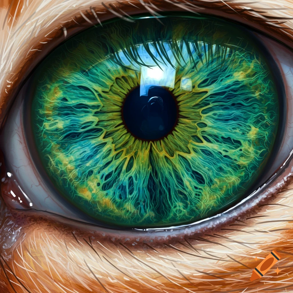 Close-up of a vibrant green and yellow cat's eye with intricate iris patterns and reflections. Orange fur surrounds the eye.