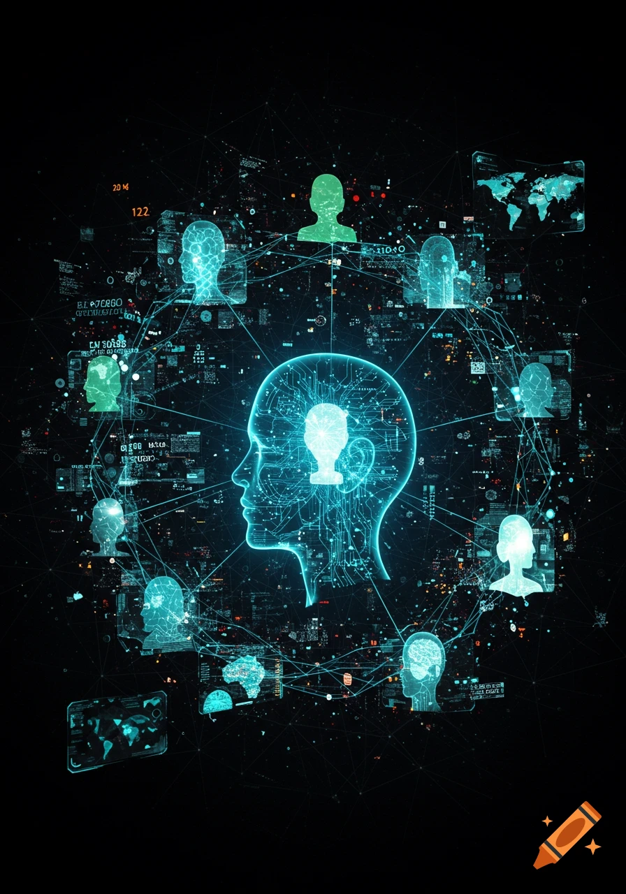 Stylized glowing blue outline of a human head with circuit patterns, surrounded by a network of smaller head silhouettes and digital data on a black background.