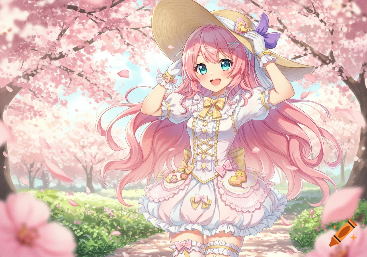 An anime girl with long pink hair and blue eyes, wearing a white and pink dress and straw hat, smiles amidst falling cherry blossoms.