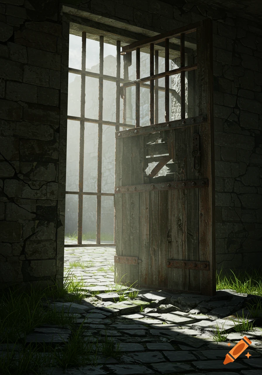 Photorealistic image of an old, damaged wooden prison door with rusty bars, slightly ajar, opening onto a sunlit stone path.