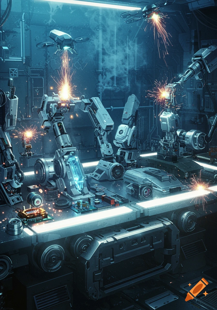 Futuristic factory with multiple robotic arms welding parts on a conveyor belt, surrounded by glowing blue lights and machinery.