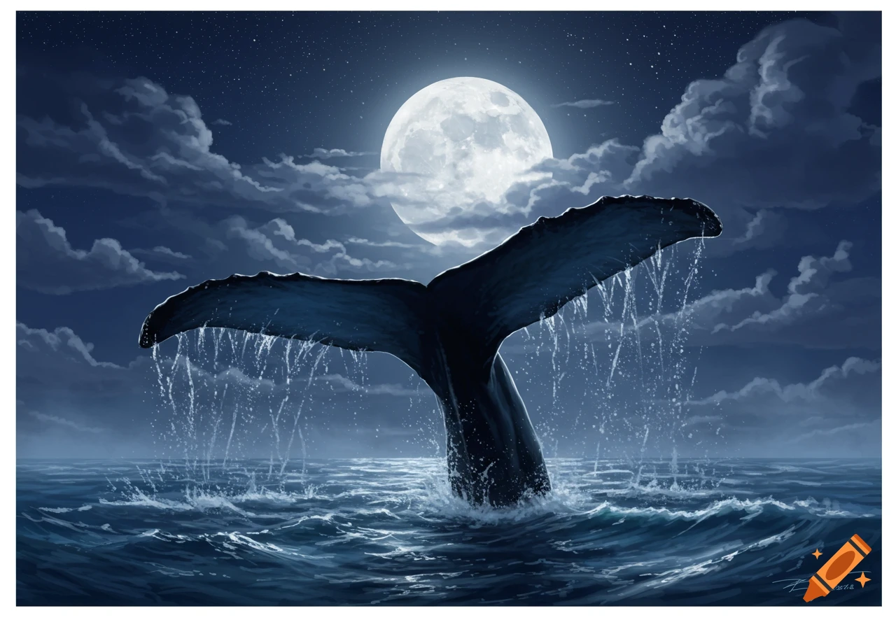 A large whale tail emerges from dark, moonlit ocean waves, with a bright full moon and cloudy night sky in the background. Digital painting.