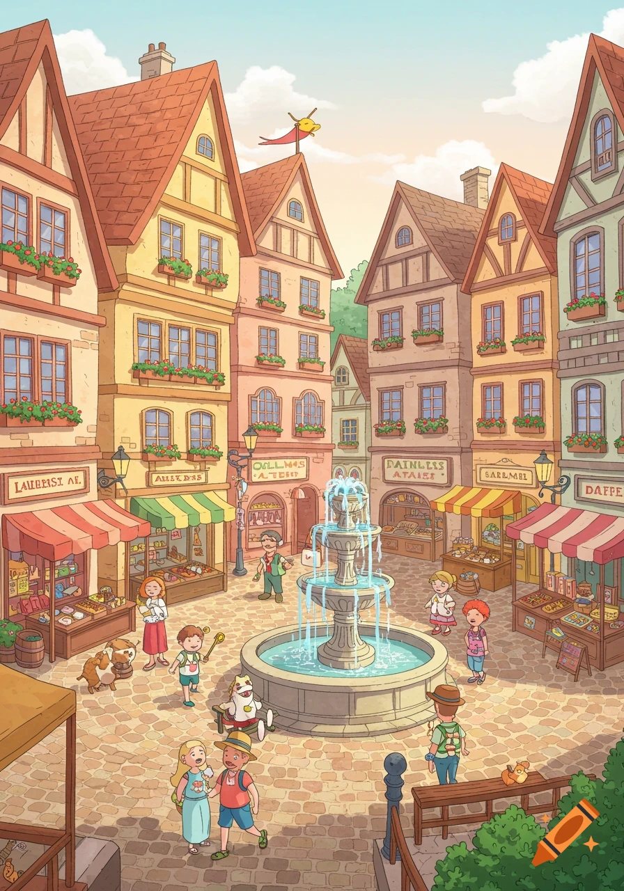 A whimsical cartoon illustration of a bustling European-style town square with colorful buildings, a central fountain, and many animated characters.