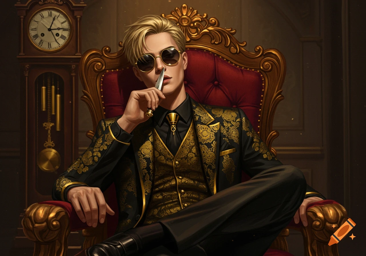 A blonde man in sunglasses and an ornate black and gold suit sits regally on a red throne, holding a knife to his face. A grandfather clock is in the background.