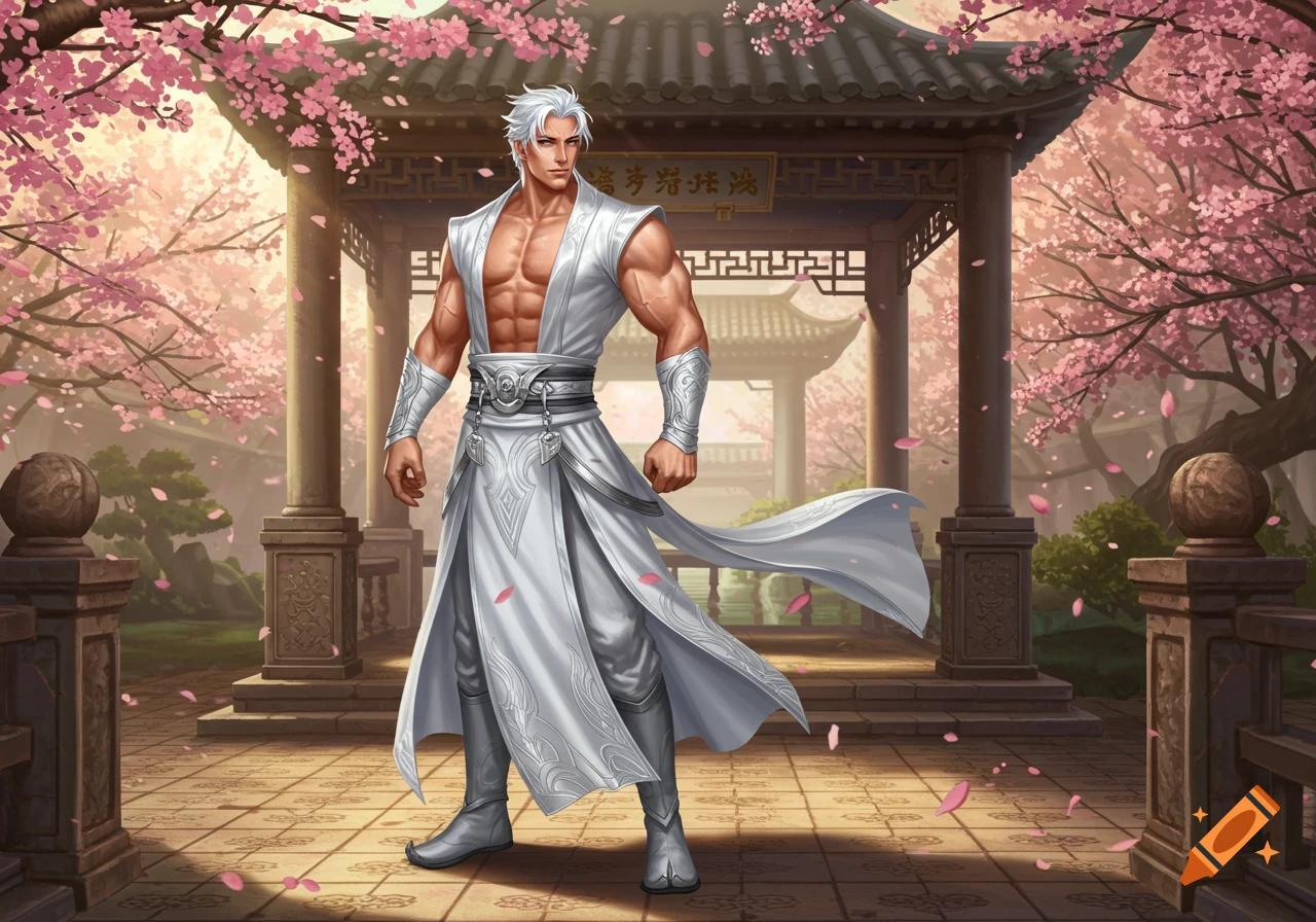 Muscular white-haired man in a white hanfu stands in a traditional Chinese garden with pink cherry blossoms and a pagoda, digital art style.