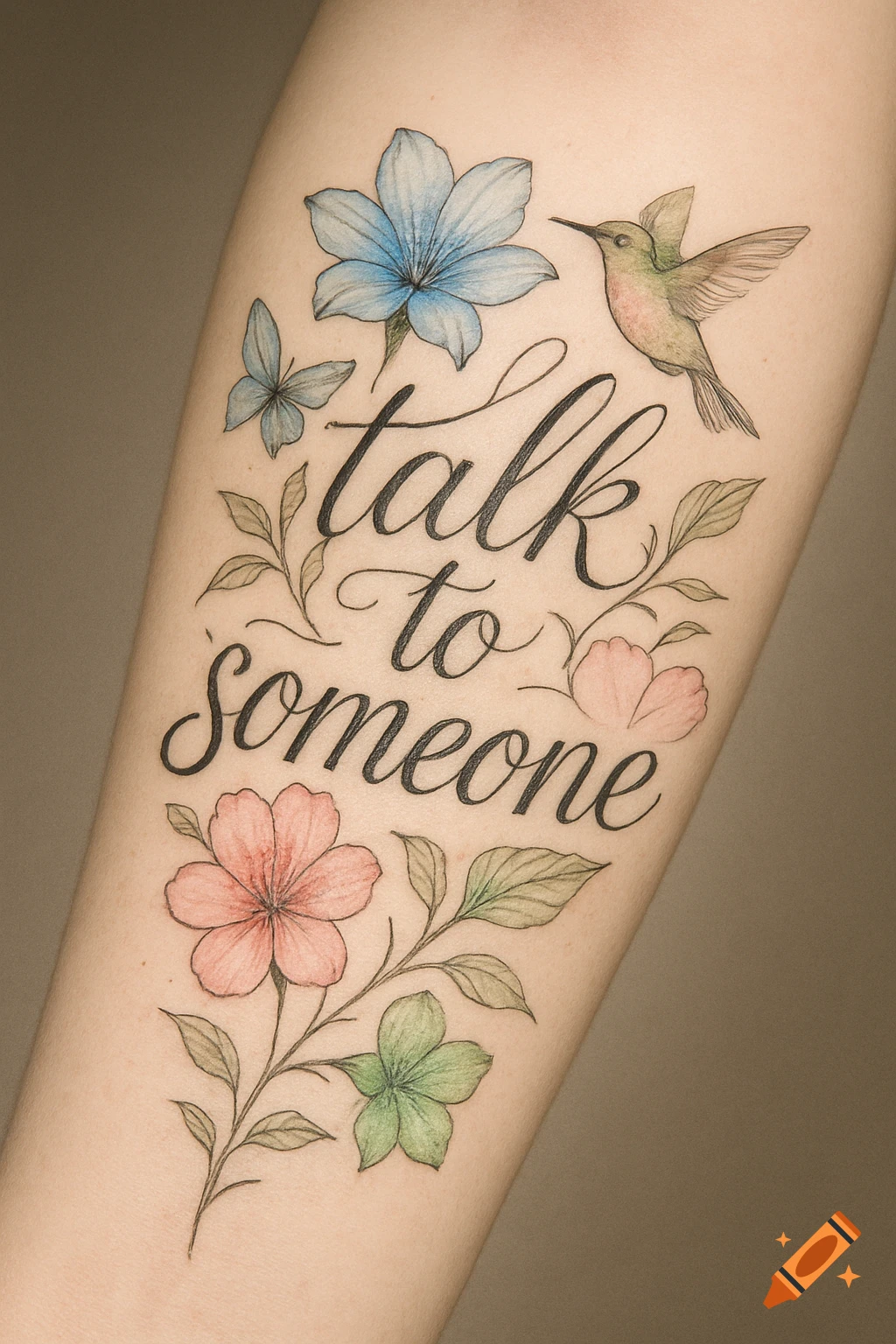 A watercolor-style tattoo on an arm reads 'talk to someone,' surrounded by blue, pink, and green flowers, a butterfly, and a hummingbird.