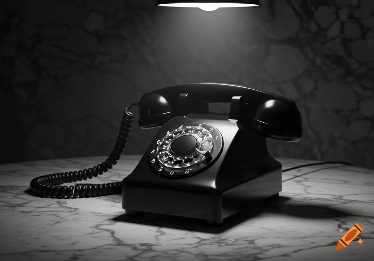 A black rotary phone sits on a marble table, dramatically lit from above in a monochromatic, photorealistic style.