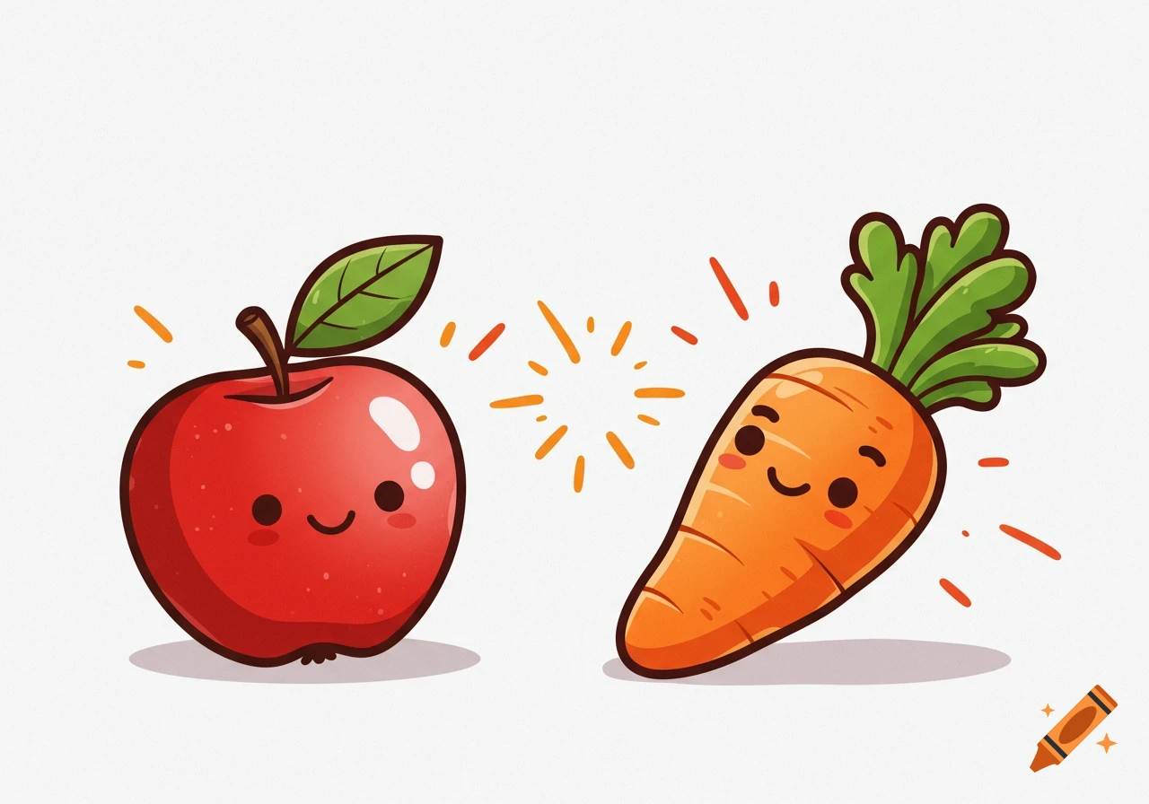 Cute cartoon apple and carrot with happy faces, glowing lines between them on a white background.
